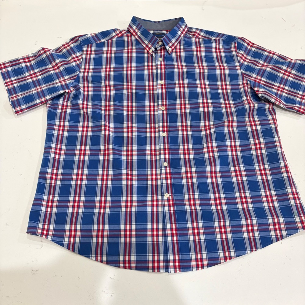 Mason James Mens XXL Blue Red White Plaid Short Sleeve Stretch Button Down Shirt